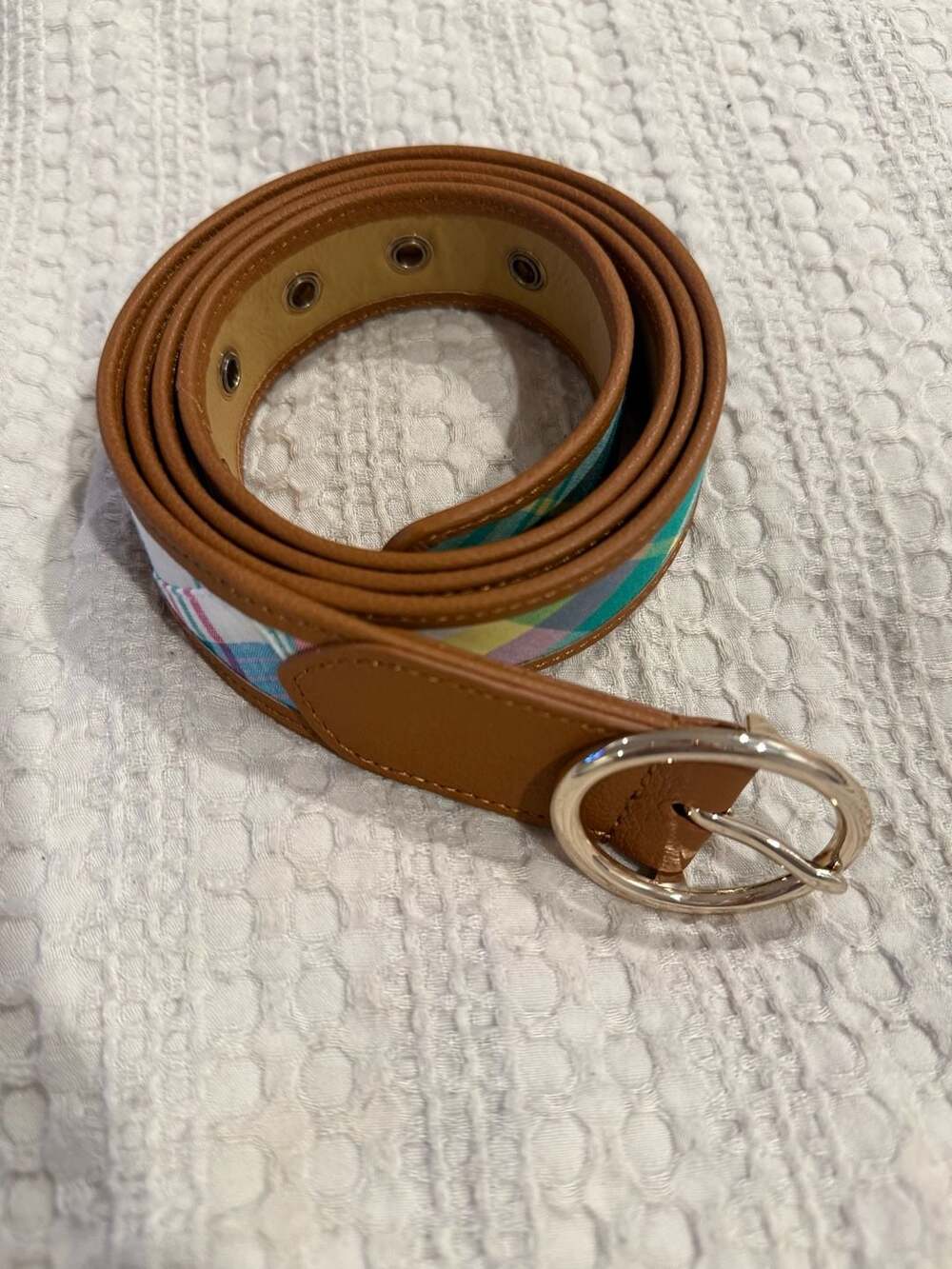 Talbots Women's Brown Leather Trim Madras Plaid Belt Size XL Gold Buckle